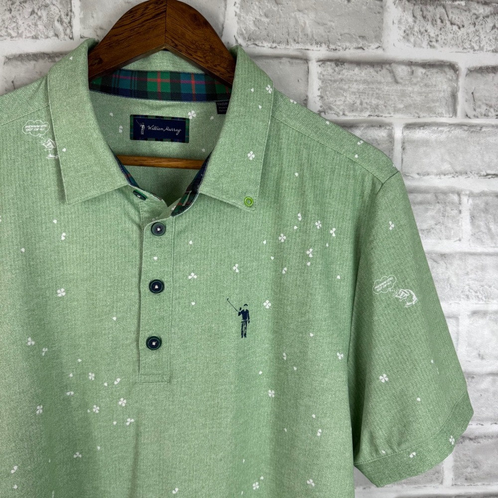 William Murray Golf Mens Green Clover AOP Print Performance Polo Shirt Medium